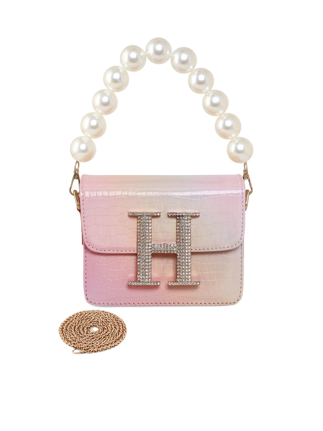 

ESBEDA Embellished Glossy Croc Textured PU Structured Sling Bag, Pink
