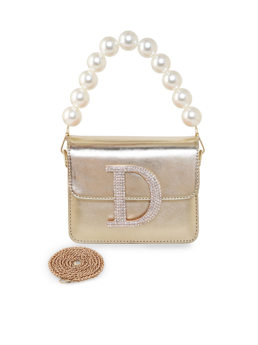 ESBEDA Golden Pearl Embellished PU Structured Sling Bag, Gold