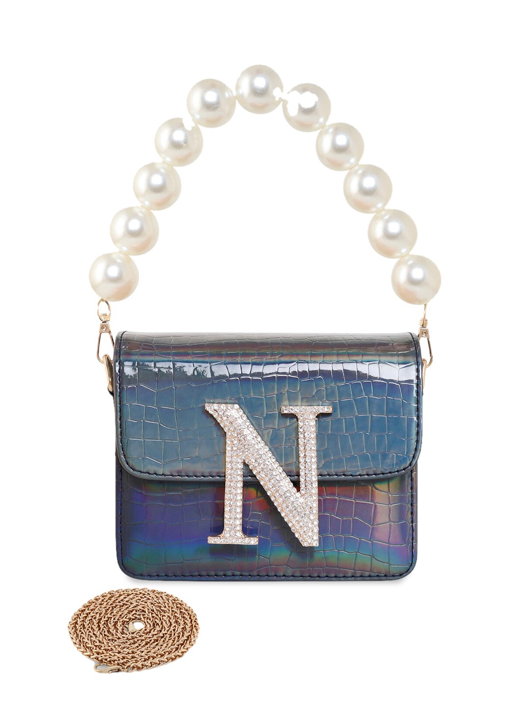 ESBEDA Navy Blue Glossy Finish Textured Embellished Sling Bag