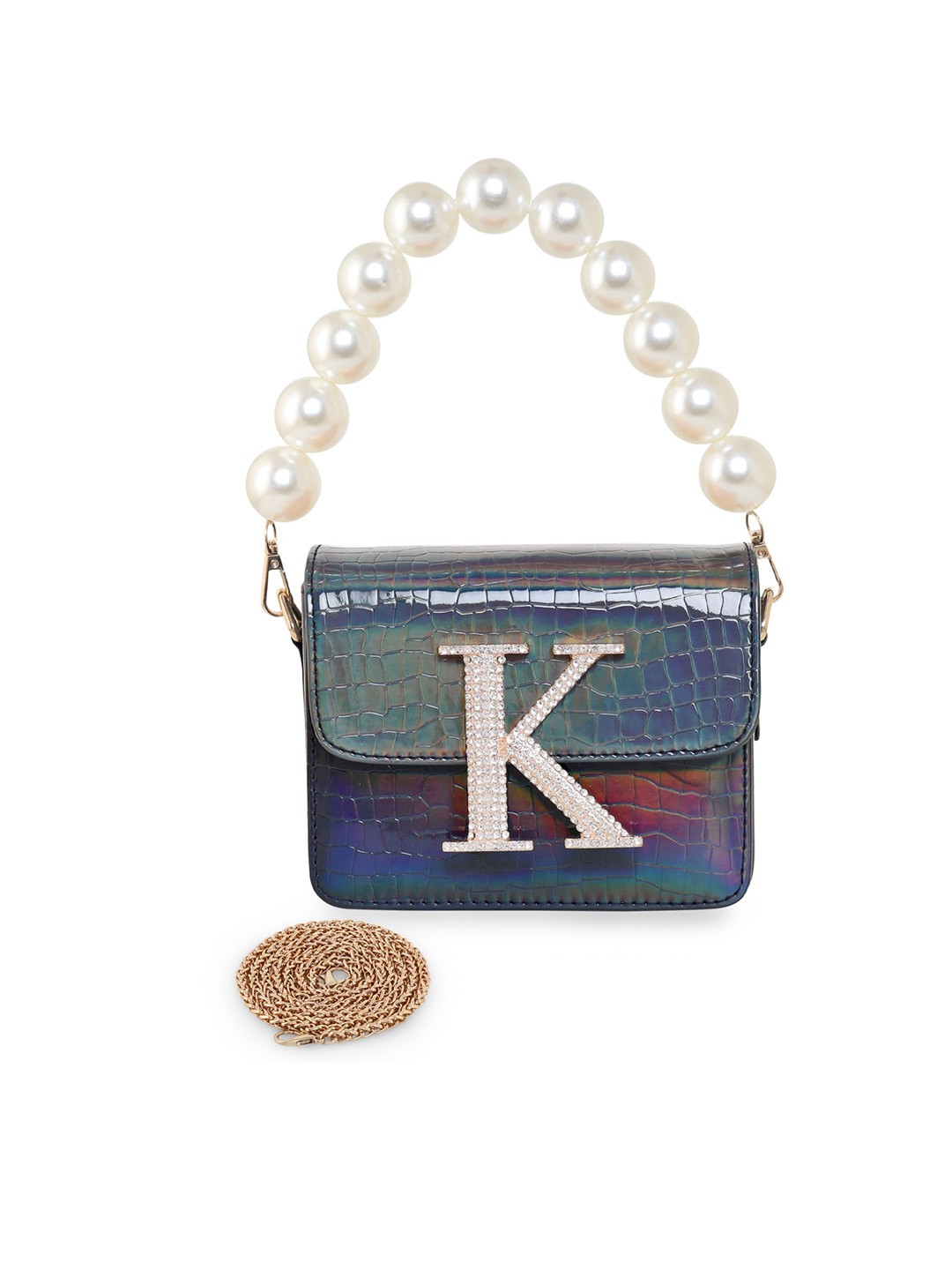 

ESBEDA Hotty Glossy Croc Textured Sling Bag, Navy blue
