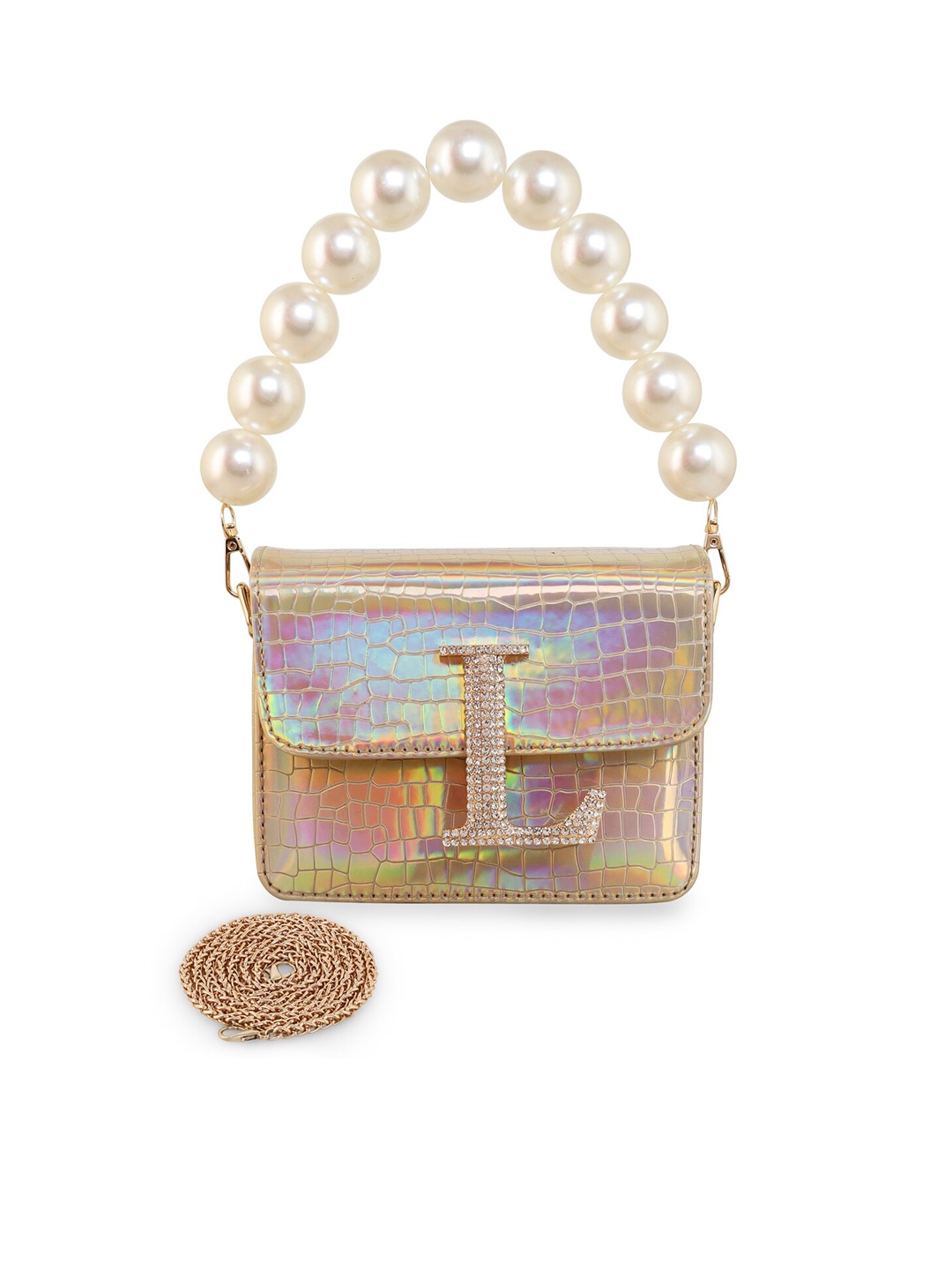 

ESBEDA Golden Glossy Finish Textured Embellished Sling Bag, Gold