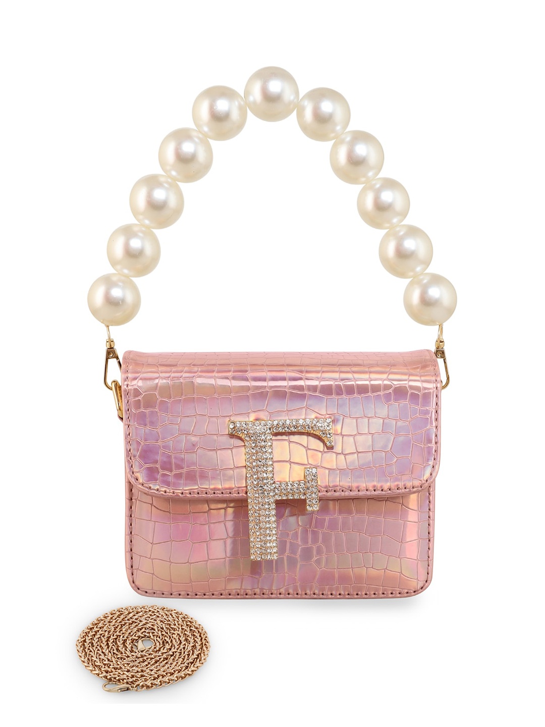 

ESBEDA Pearl Embellished Structured Hotty Glossy Sling Bag, Rose gold