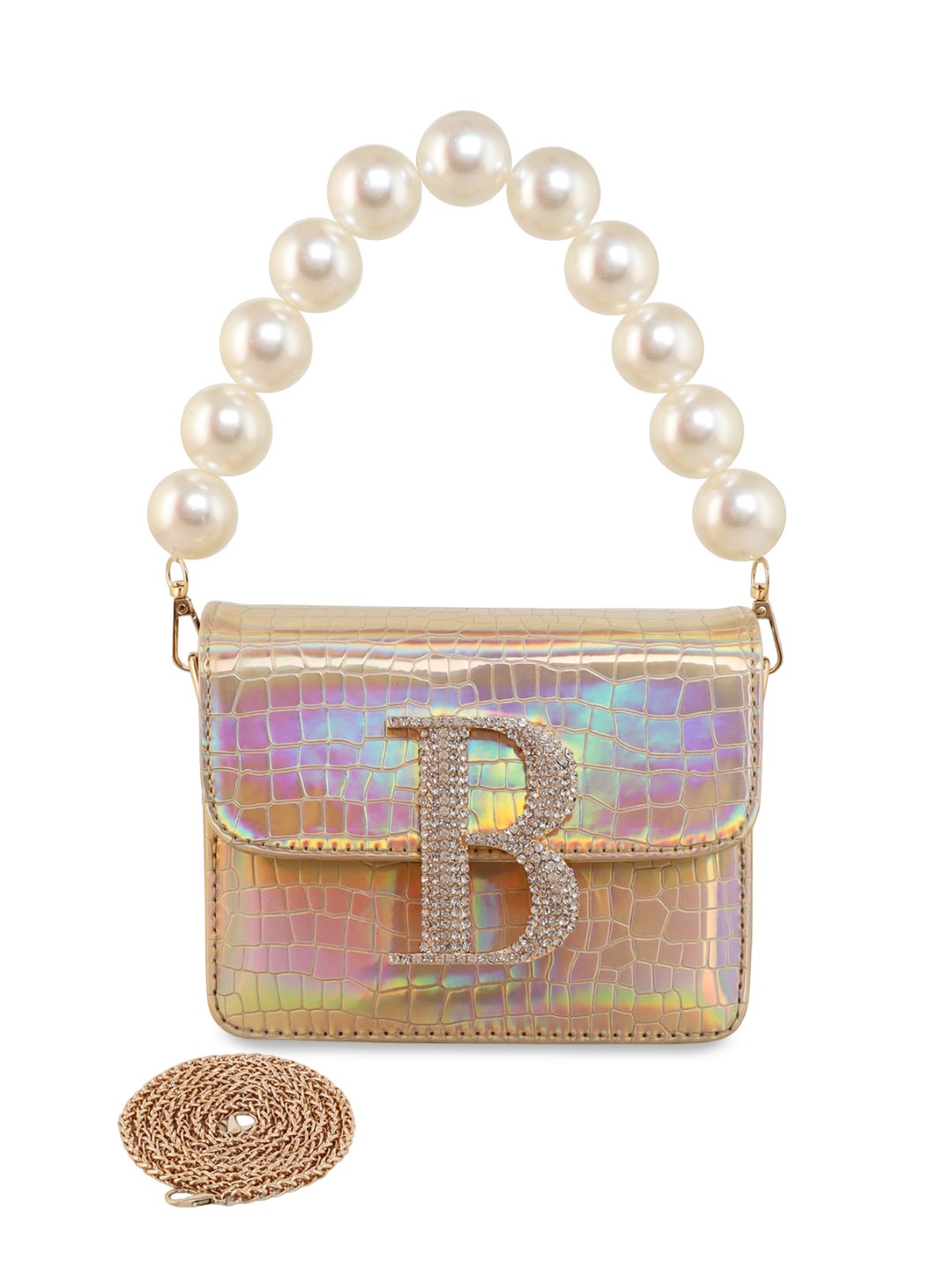 

ESBEDA Embellished Croc Textured PU Structured Sling Bag, Gold