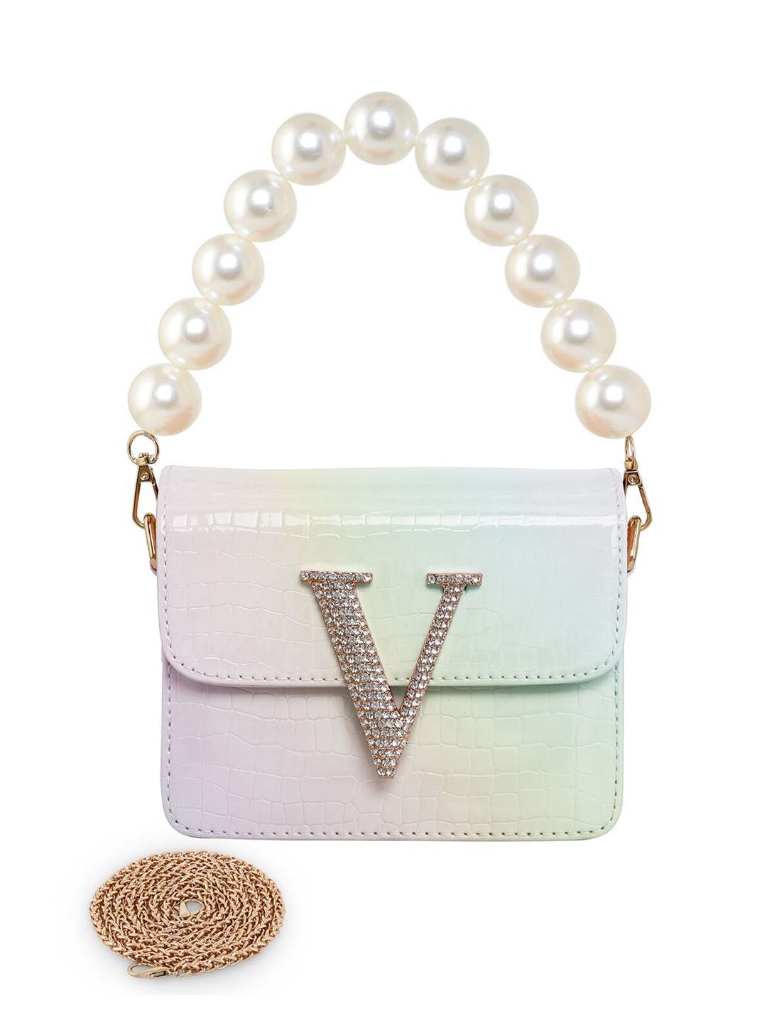 

ESBEDA Embellished Glossy Croc Textured PU Structured Sling Bag, White
