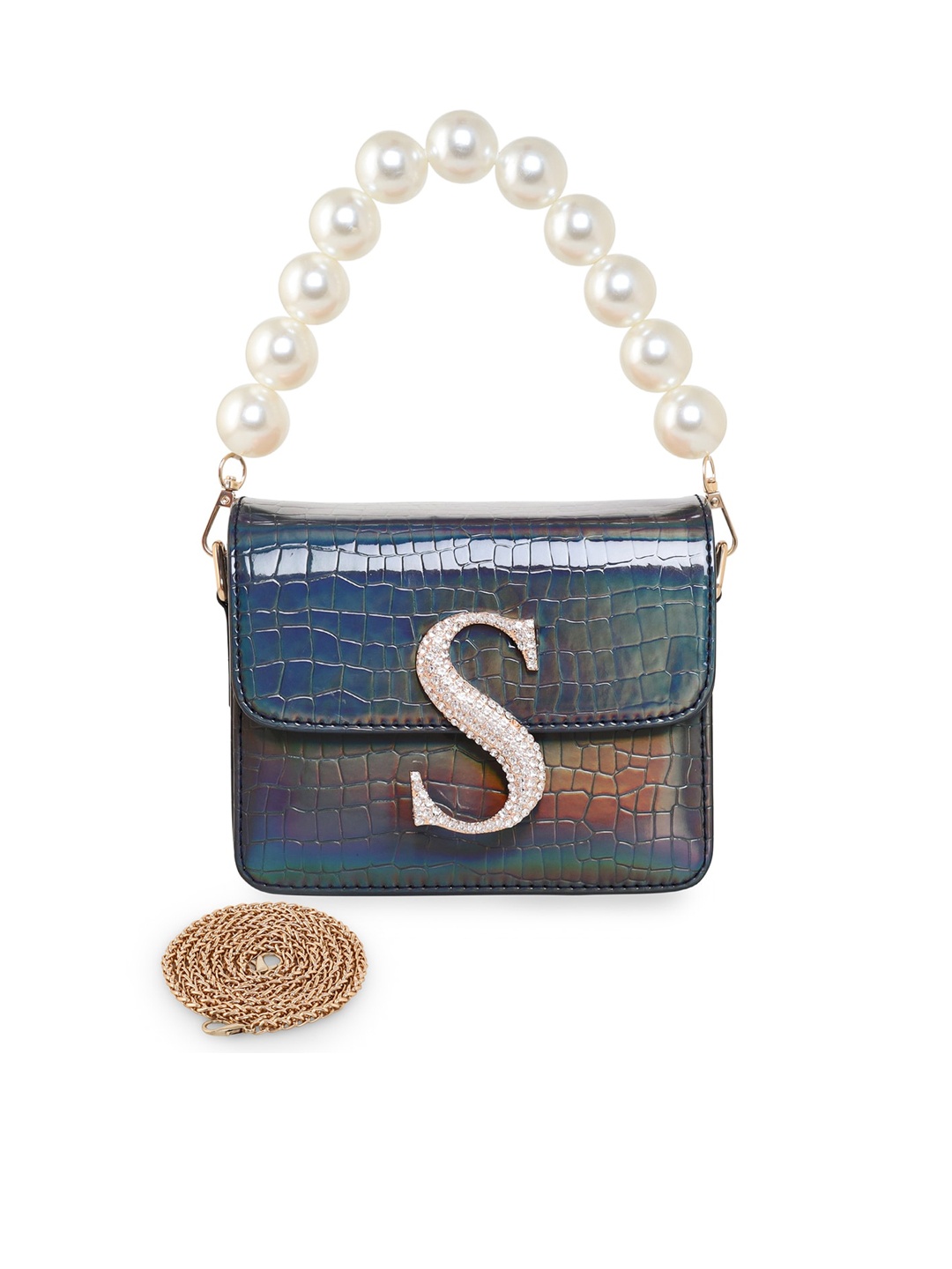 

ESBEDA Hotty Glossy Croc Textured Sling Bag, Navy blue