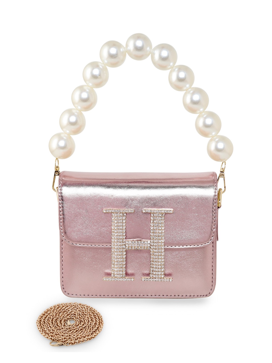 

ESBEDA Rose Gold Pearl Embellished PU Structured Sling Bag