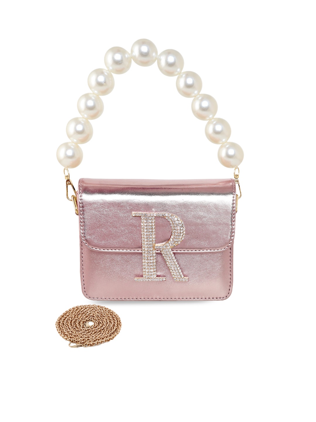 

ESBEDA Pearl Embellished Hotty Plain PU Structured Sling Bags, Rose gold