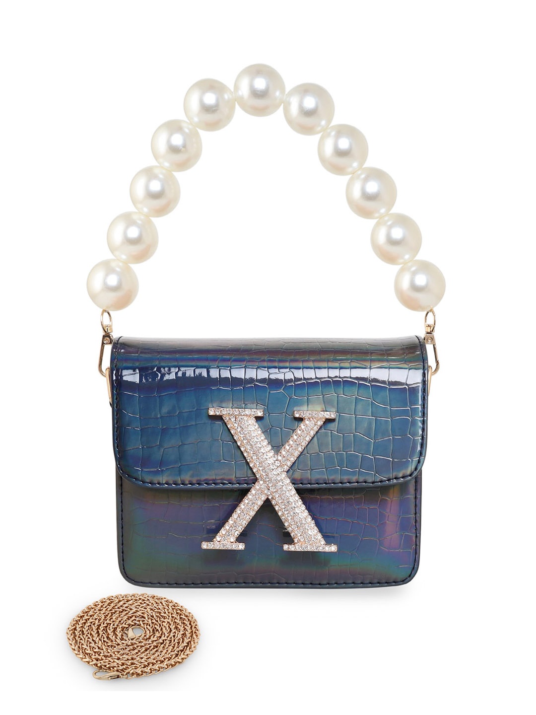 

ESBEDA Pearl Embellished Structured Hotty Glossy Sling Bag, Navy blue