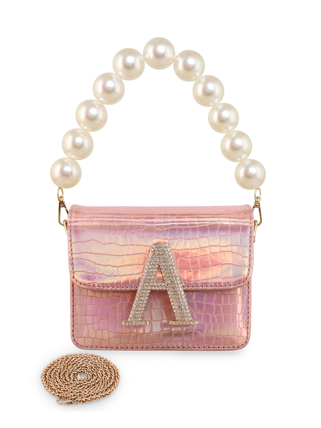 

ESBEDA Hotty Glossy Croc Textured Sling Bag, Rose gold