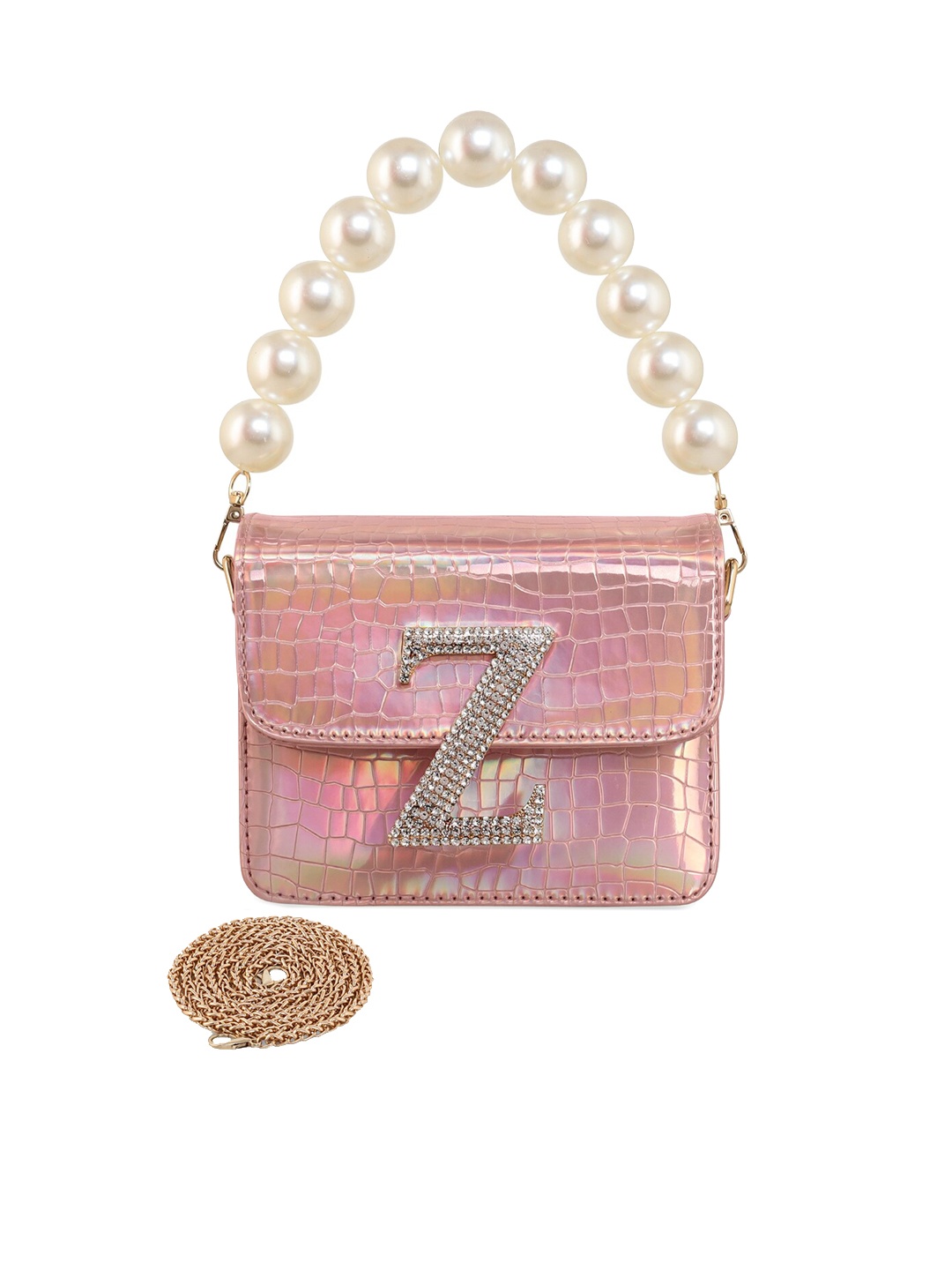 ESBEDA Embellished Glossy Croc Textured PU Structured Sling Bag, Rose gold