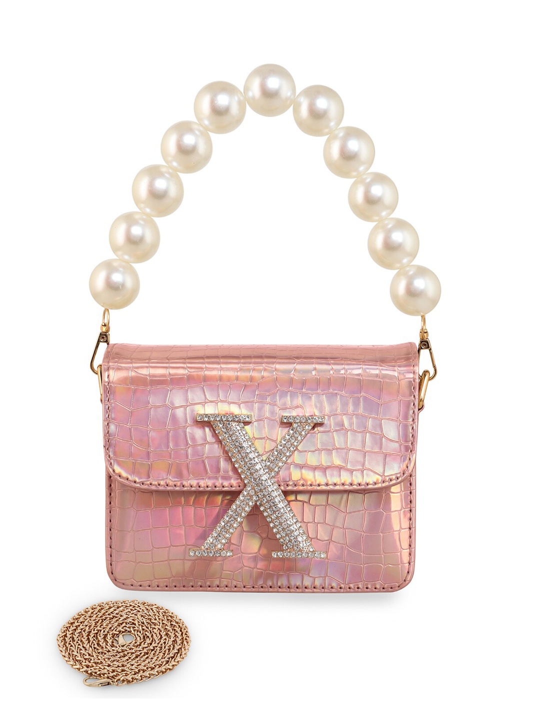 

ESBEDA Hotty Glossy Croc Textured Structured Sling Bag, Rose gold