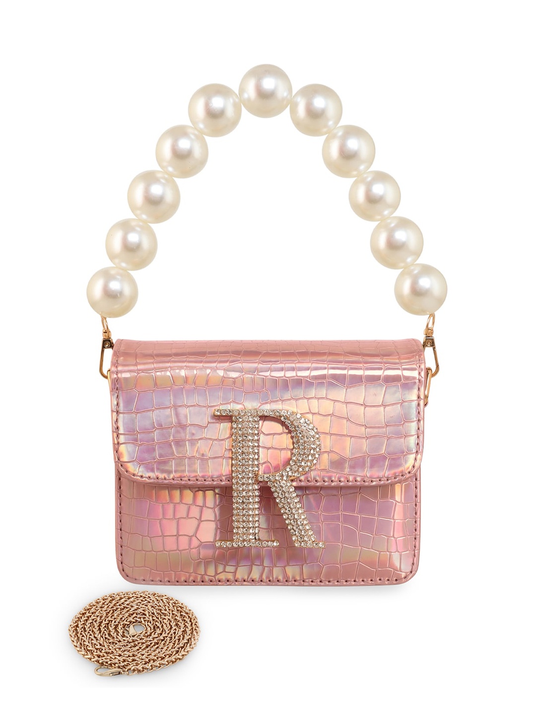 

ESBEDA Embellished Glossy Croc Textured PU Structured Sling Bag, Rose gold