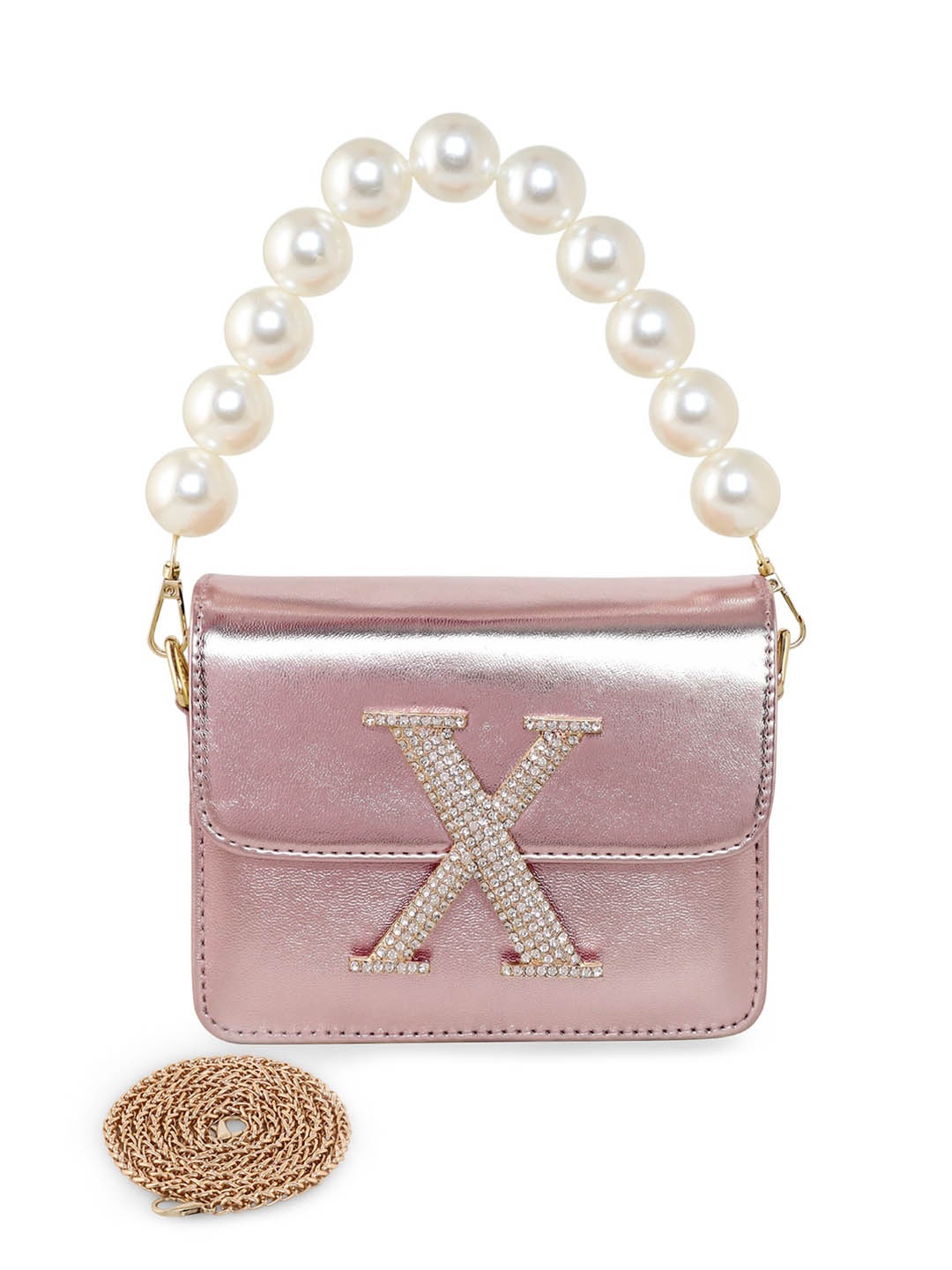 

ESBEDA Rose Gold Pearl Embellished PU Structured Sling Bag