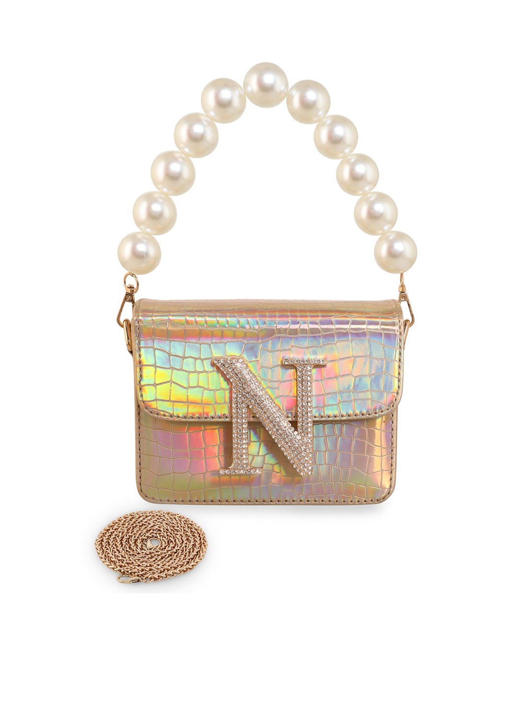 

ESBEDA Pearl Embellished PU Hotty Glossy Structured Sling Bag, Gold
