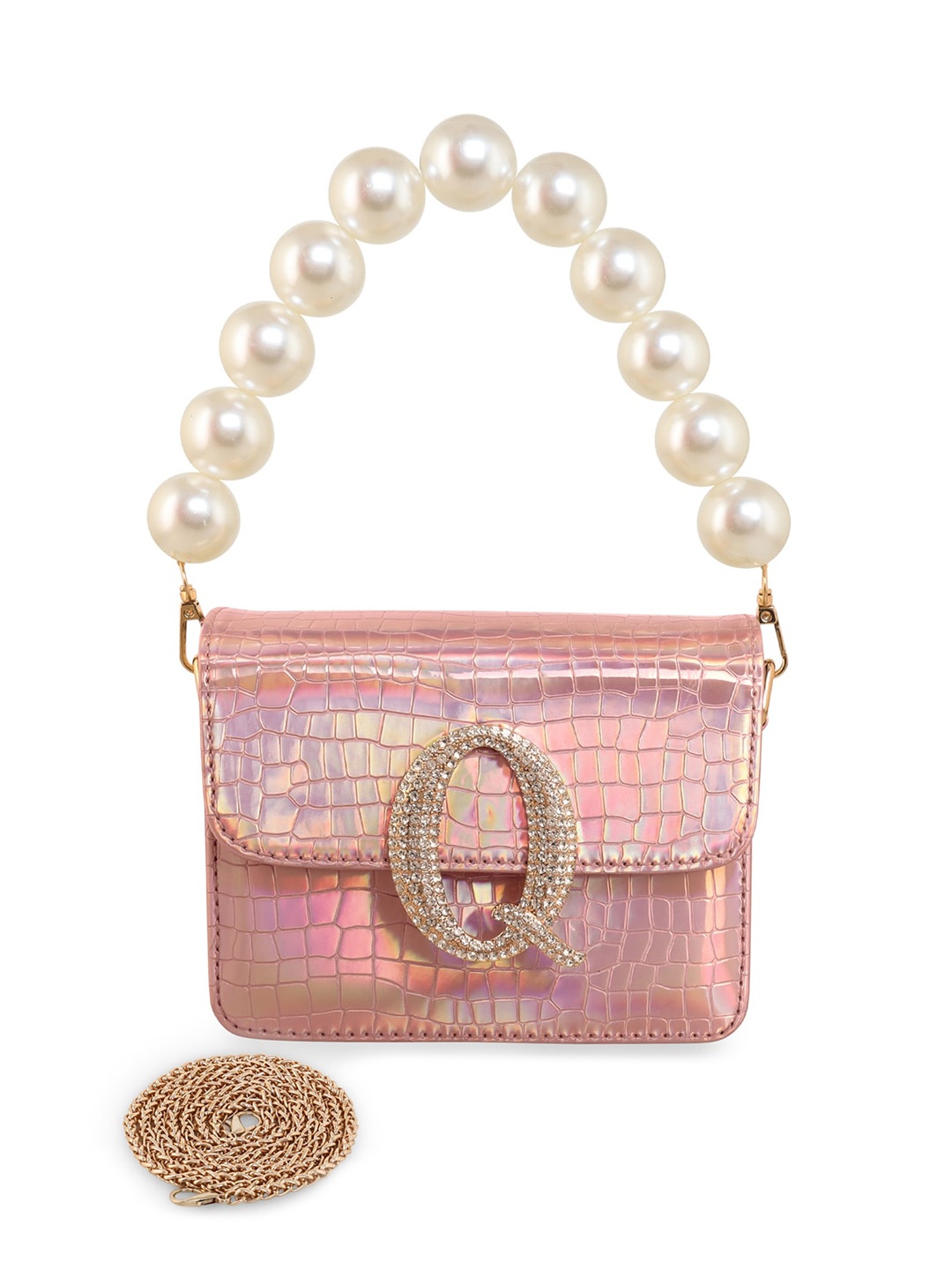 

ESBEDA Hotty Glossy Croc Textured Sling Bag, Rose gold