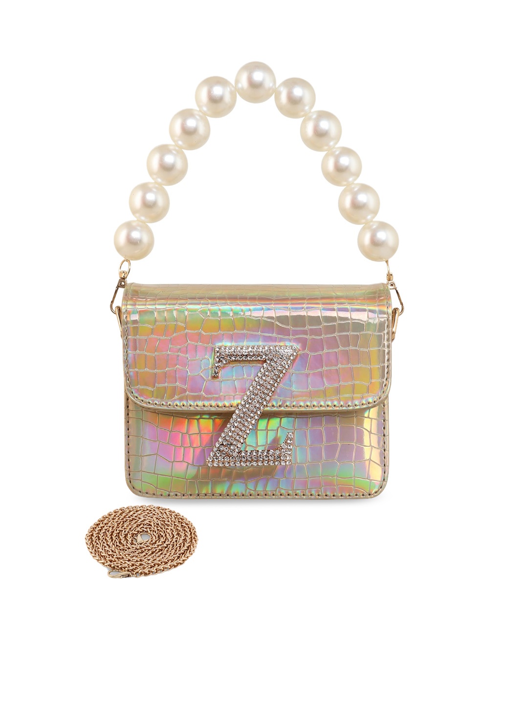 

ESBEDA Embellished Croc Textured PU Structured Sling Bag, Gold