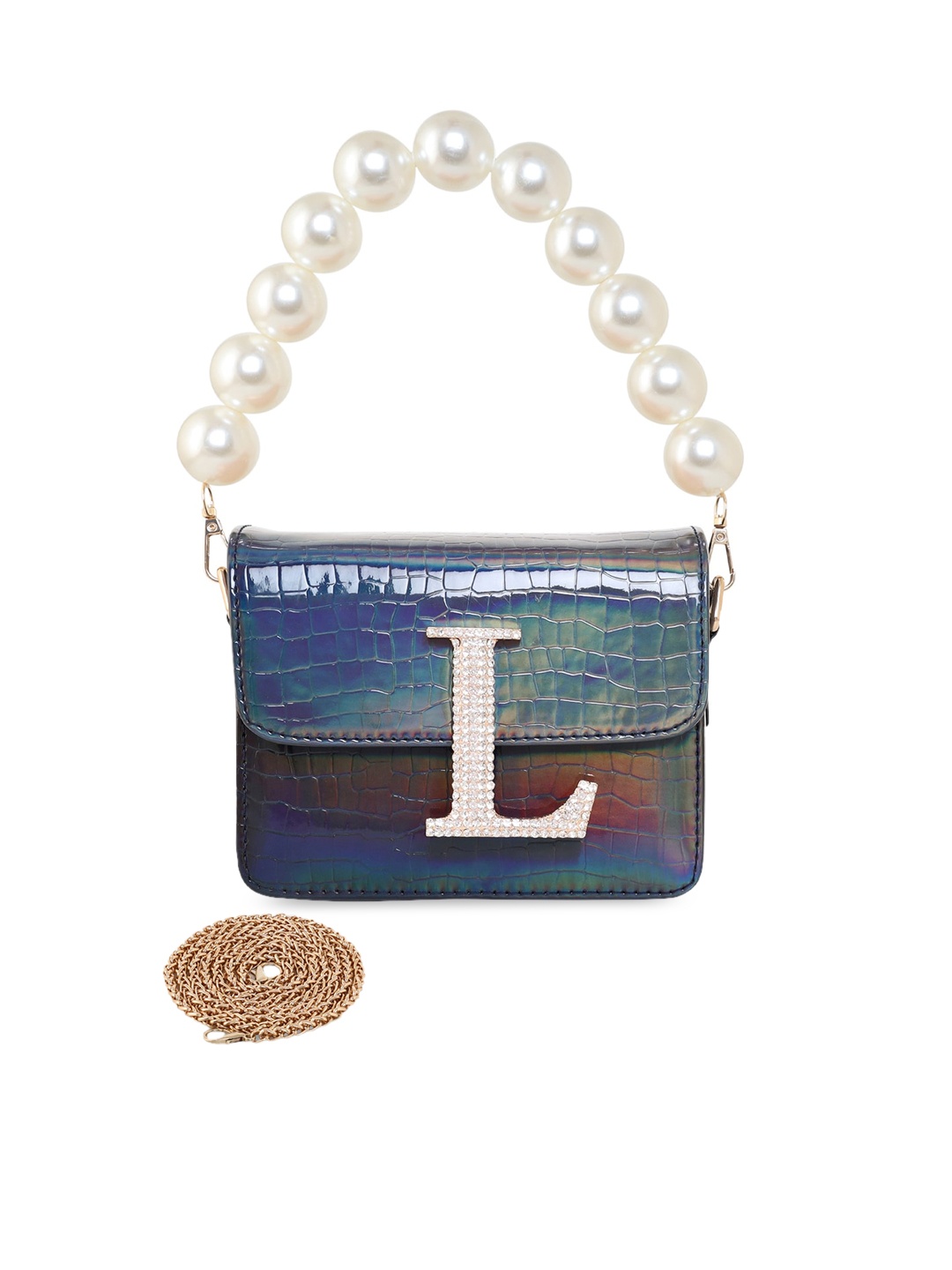 

ESBEDA Embellished Glossy Croc Textured PU Structured Sling Bag, Navy blue