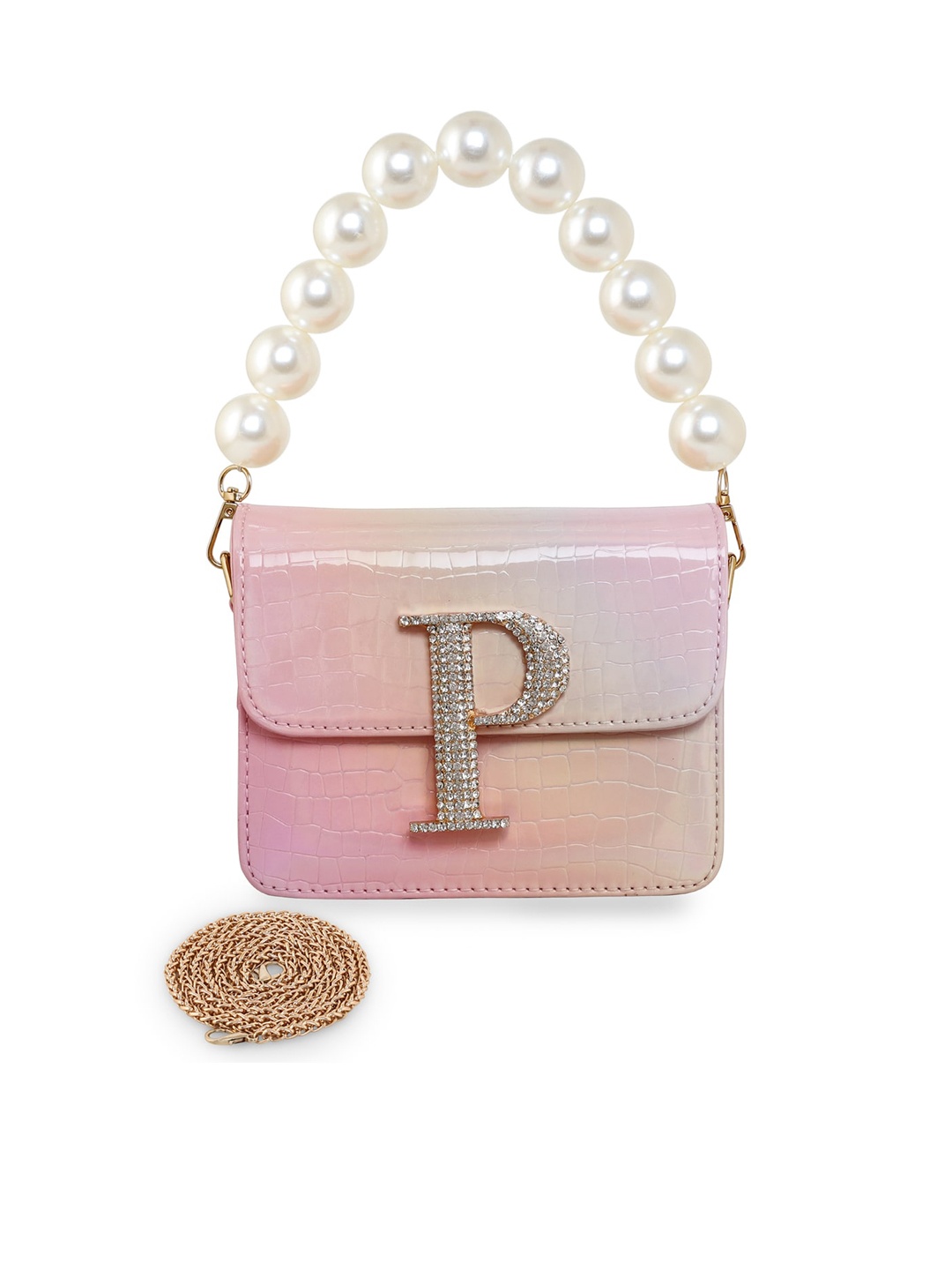 

ESBEDA Embellished Glossy Croc Textured PU Structured Sling Bag, Pink