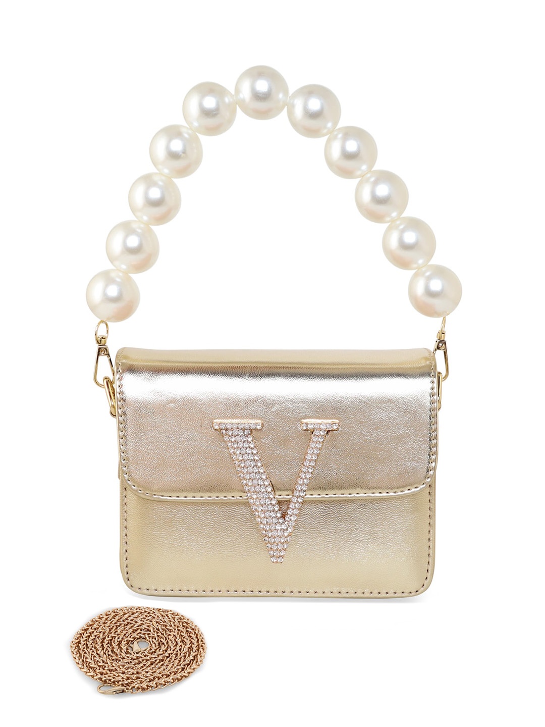 

ESBEDA Hotty Plain Pearl Embellished Structured Sling Bag, Gold