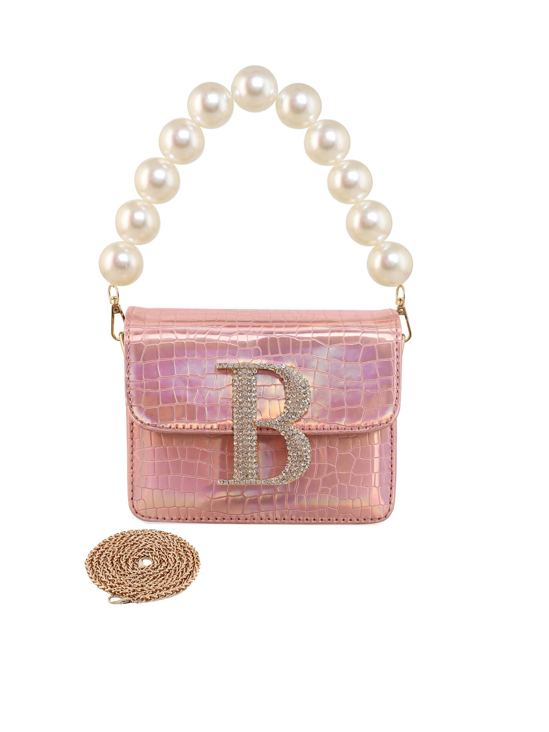ESBEDA Embellished Glossy Croc Textured PU Structured Sling Bag, Rose gold