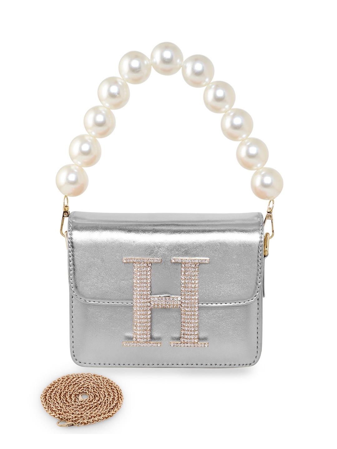 

ESBEDA Embellished PU Structured Sling Bag, Silver