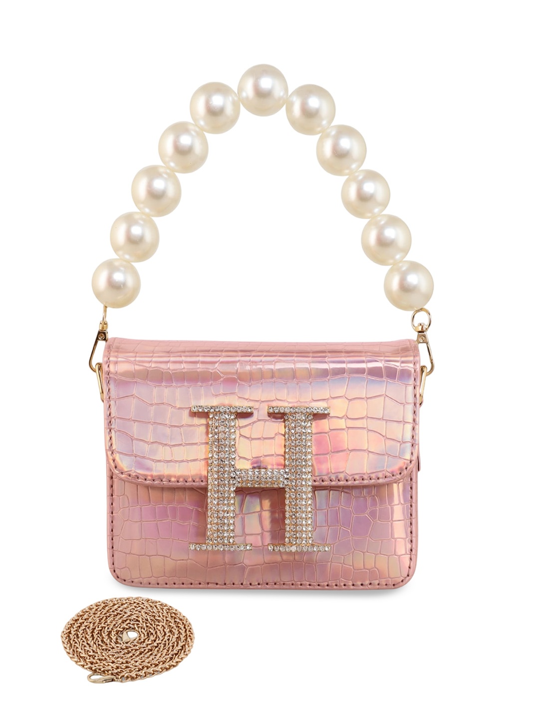 

ESBEDA Hotty Glossy Croc Textured Structured Sling Bag, Rose gold