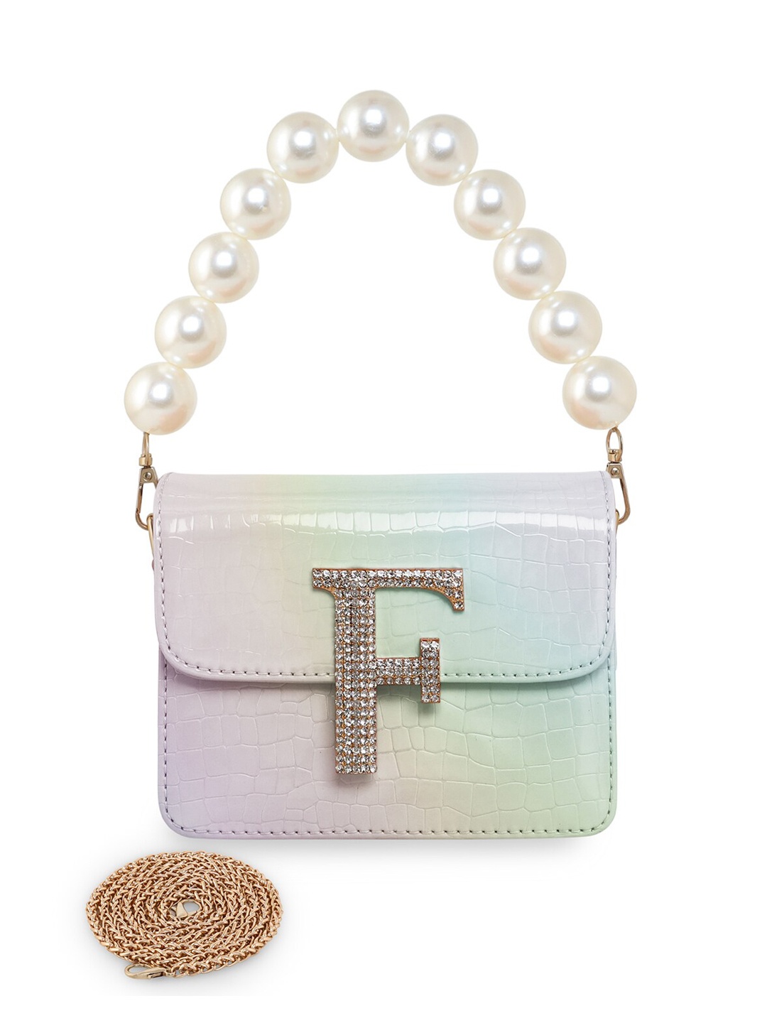 

ESBEDA Embellished Glossy Croc Textured PU Structured Sling Bag, White
