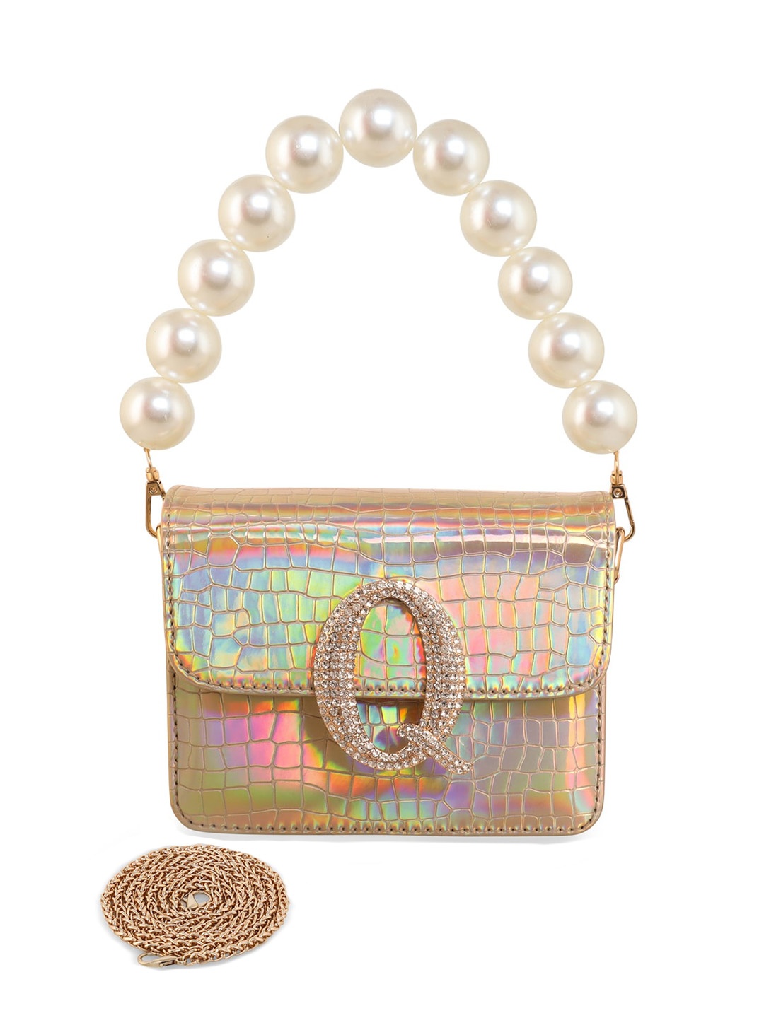 

ESBEDA Hotty Glossy Croc Textured Sling Bag, Gold