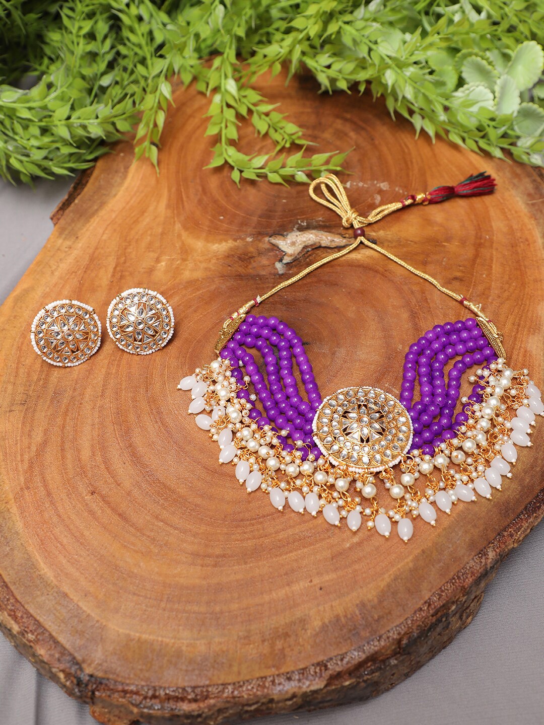 

Swarajshop Gold-Plated Kundan Studded & Beaded Jewellery Set