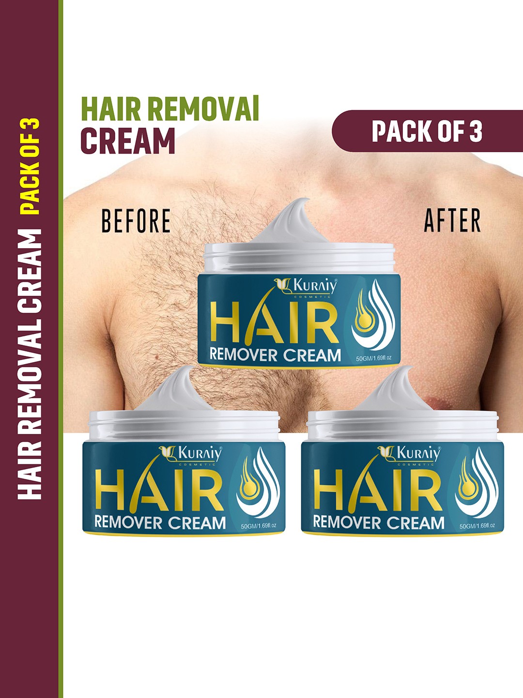 

KURAIY Set of 3 Hair Removal Cream - 50g each, Green