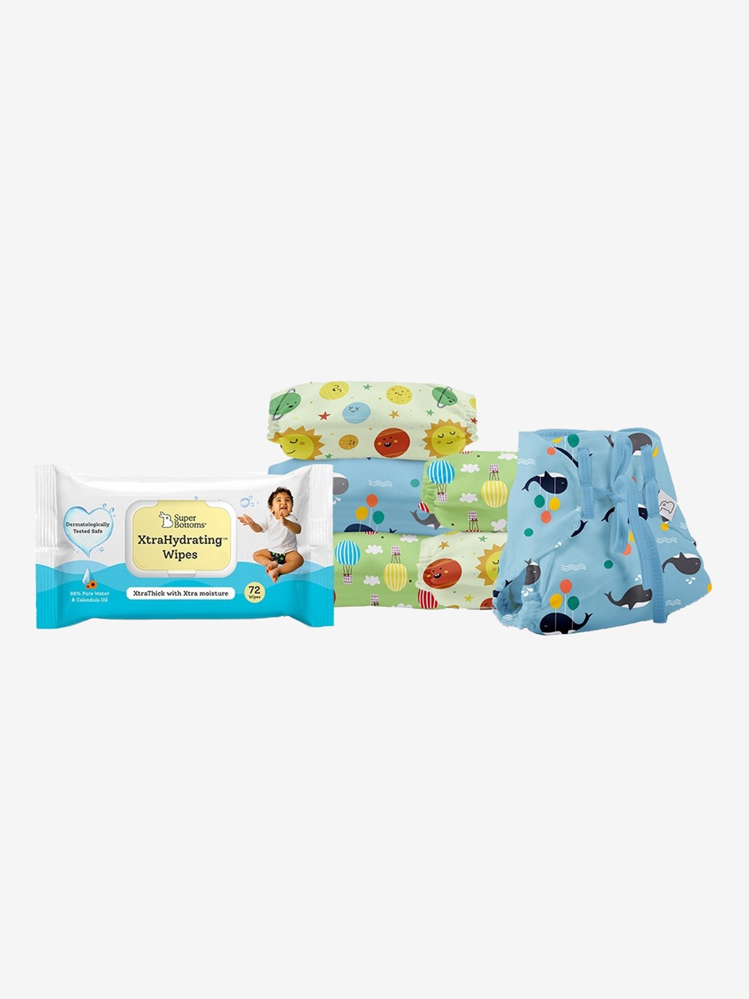 

SuperBottoms Infant Set of 6 Large Diapers With XtraHydrating Wipes, Multi