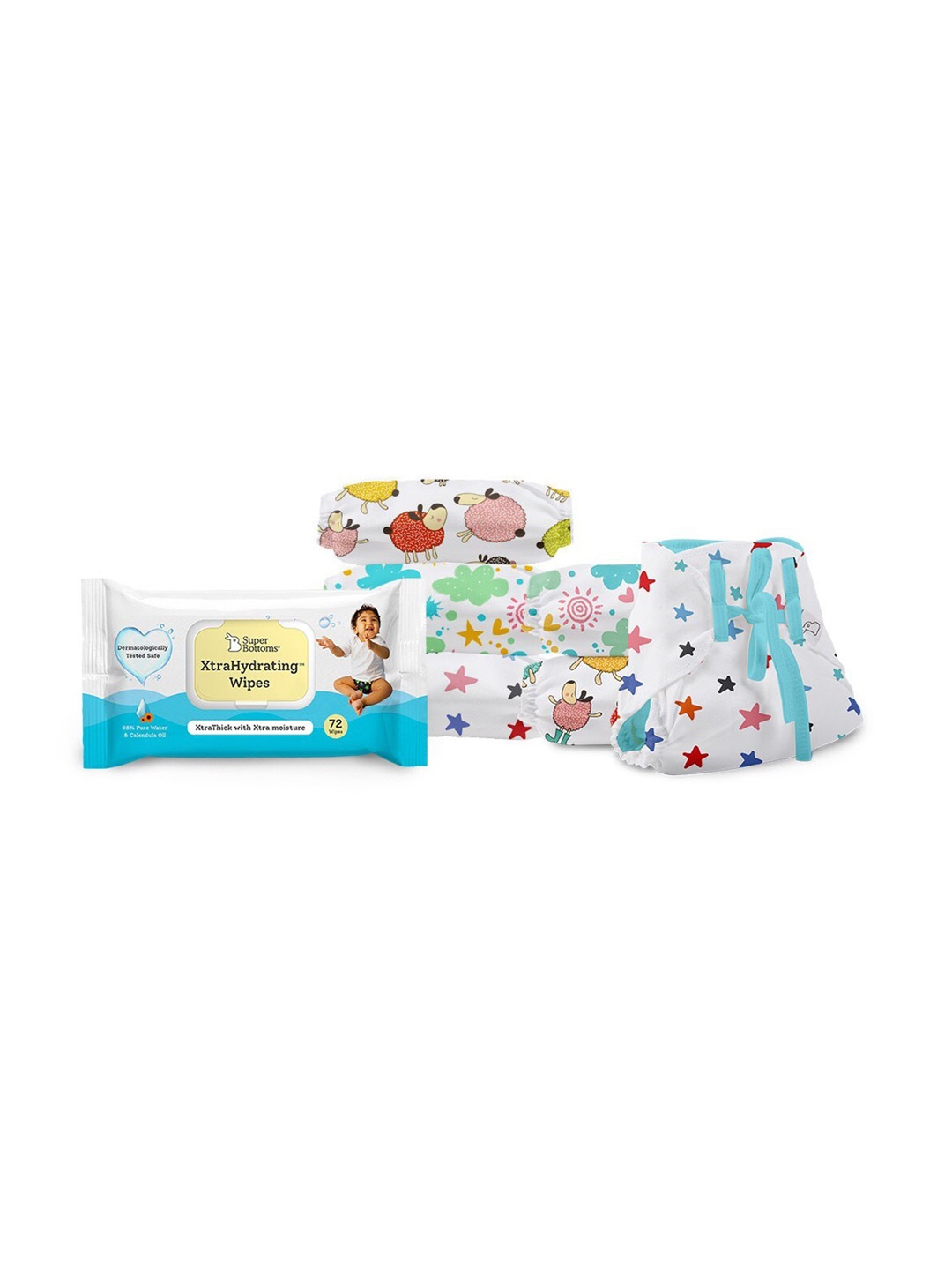 

SuperBottoms Infant Set Of 6 Diapers With XtraHydrating Wipes, Multi