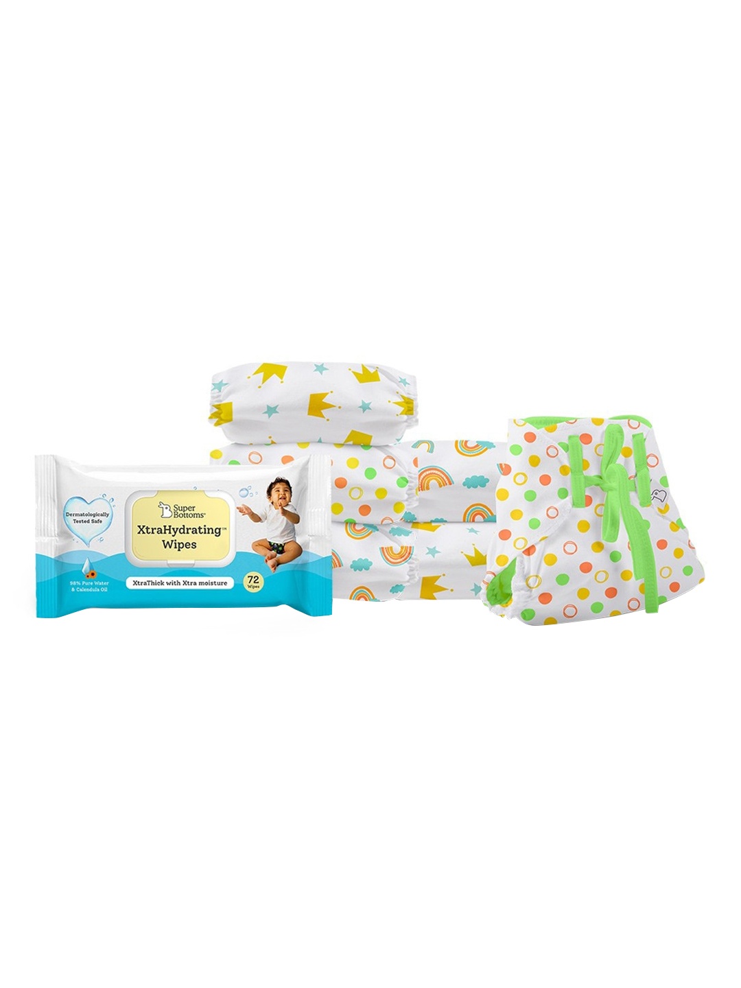 

SuperBottoms Infant Set Of 6 Diapers With XtraHydrating Wipes, Multi