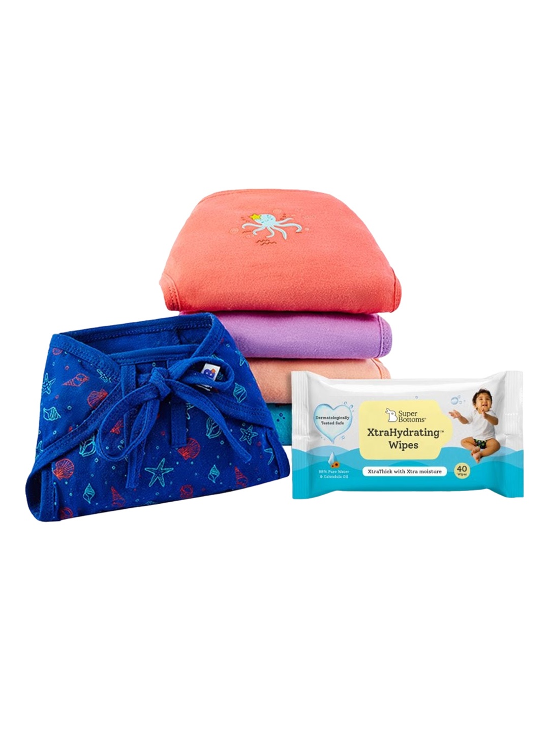 

SuperBottoms Infant Set Of 6 SuperDryFeel Diapers With XtraHydrating Wipes, Multi