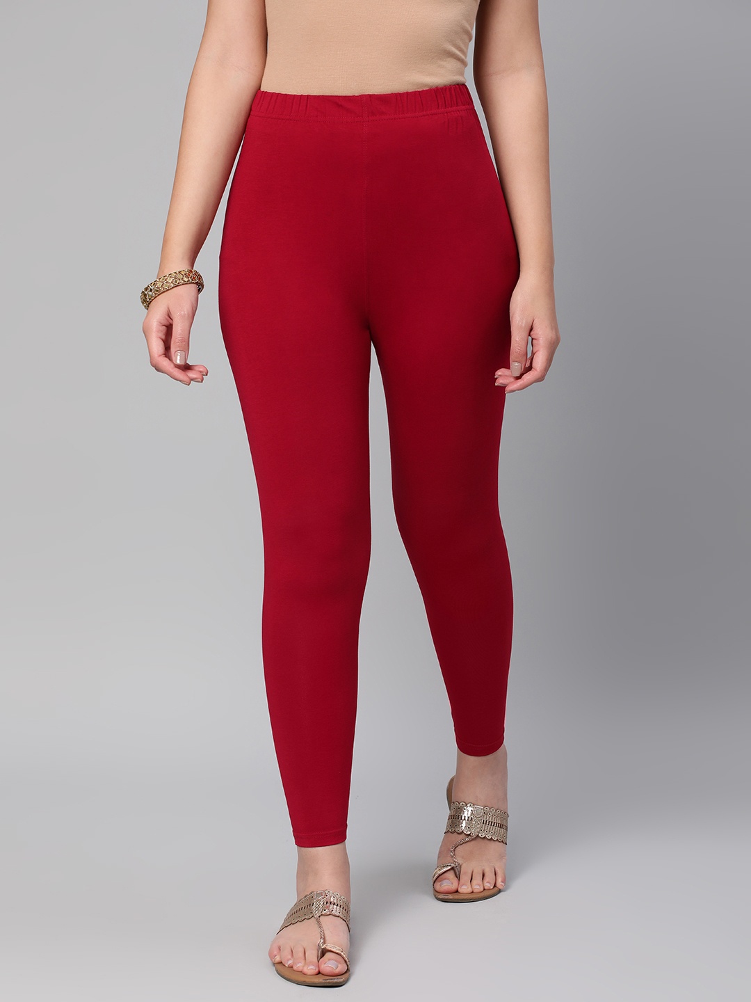 

Huetrap Women Solid Ankle Length Leggings, Red