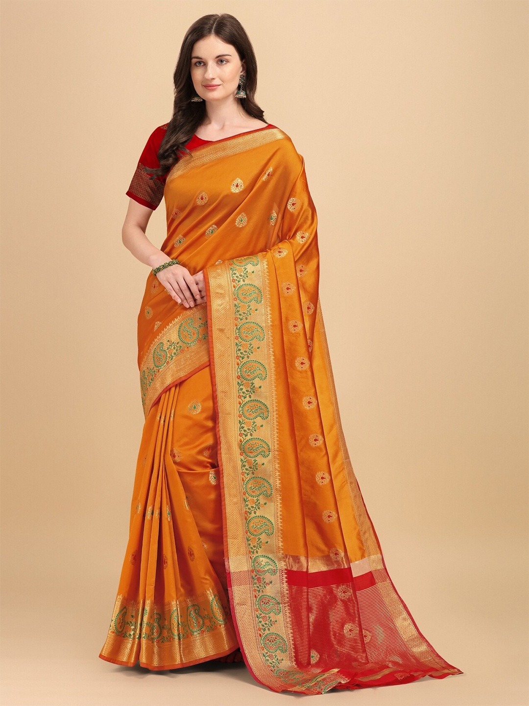 

TEREZA Woven Design Zari Pure Silk Banarasi Saree, Orange