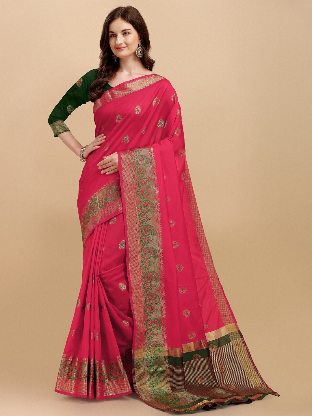 

TEREZA Paisley Zari Pure Silk Banarasi Saree, Pink