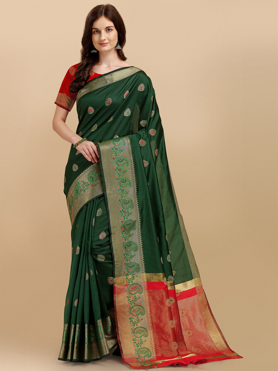 

TEREZA Paisley Zari Pure Silk Banarasi Saree, Green