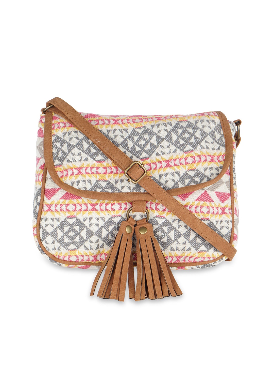 

Kanvas Katha Abstract Printed Tasselled Structured Sling Bag, White