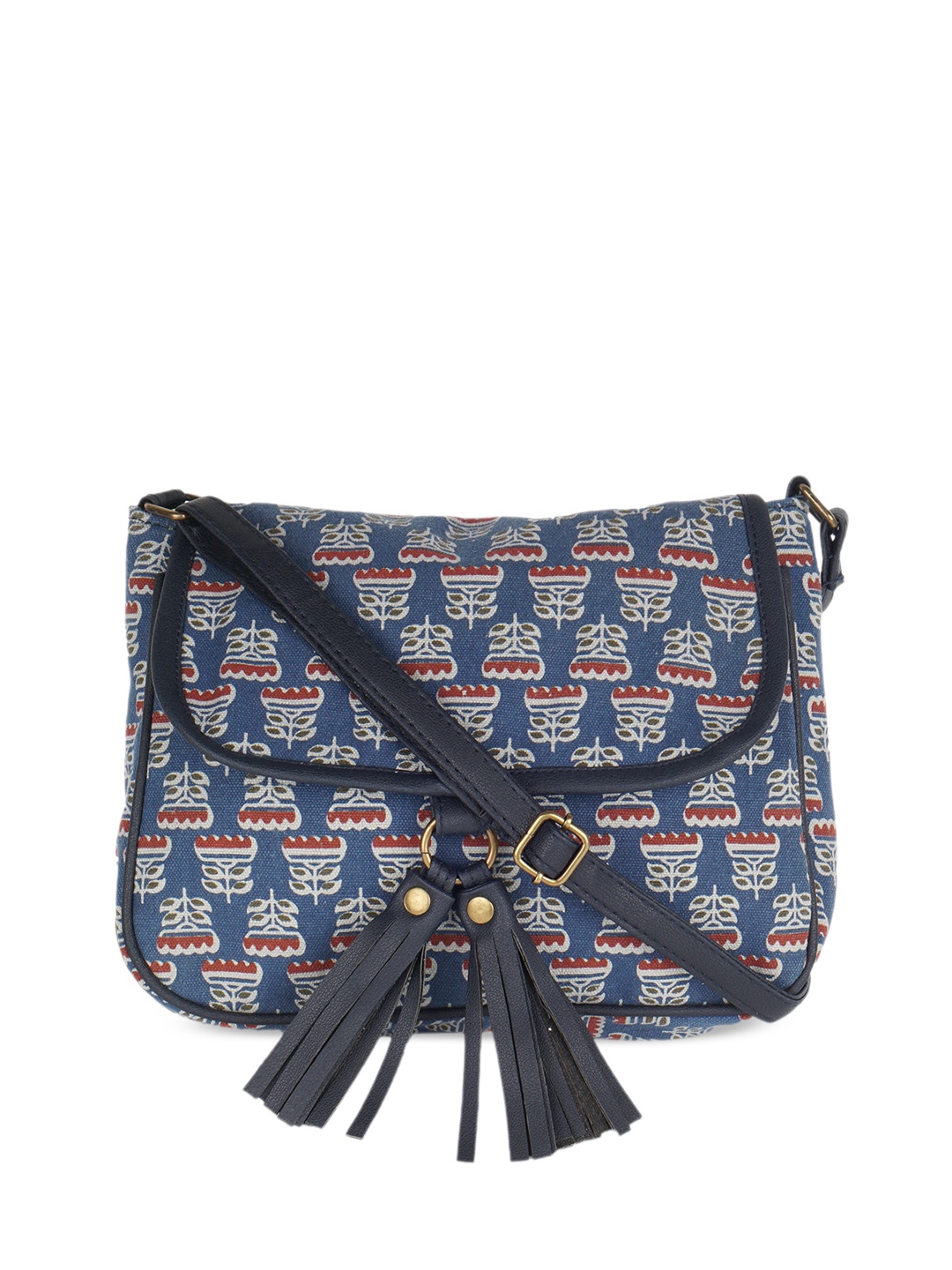 

Kanvas Katha Ethnic Motifs Printed Structured Sling Bag With Tasselled, Blue