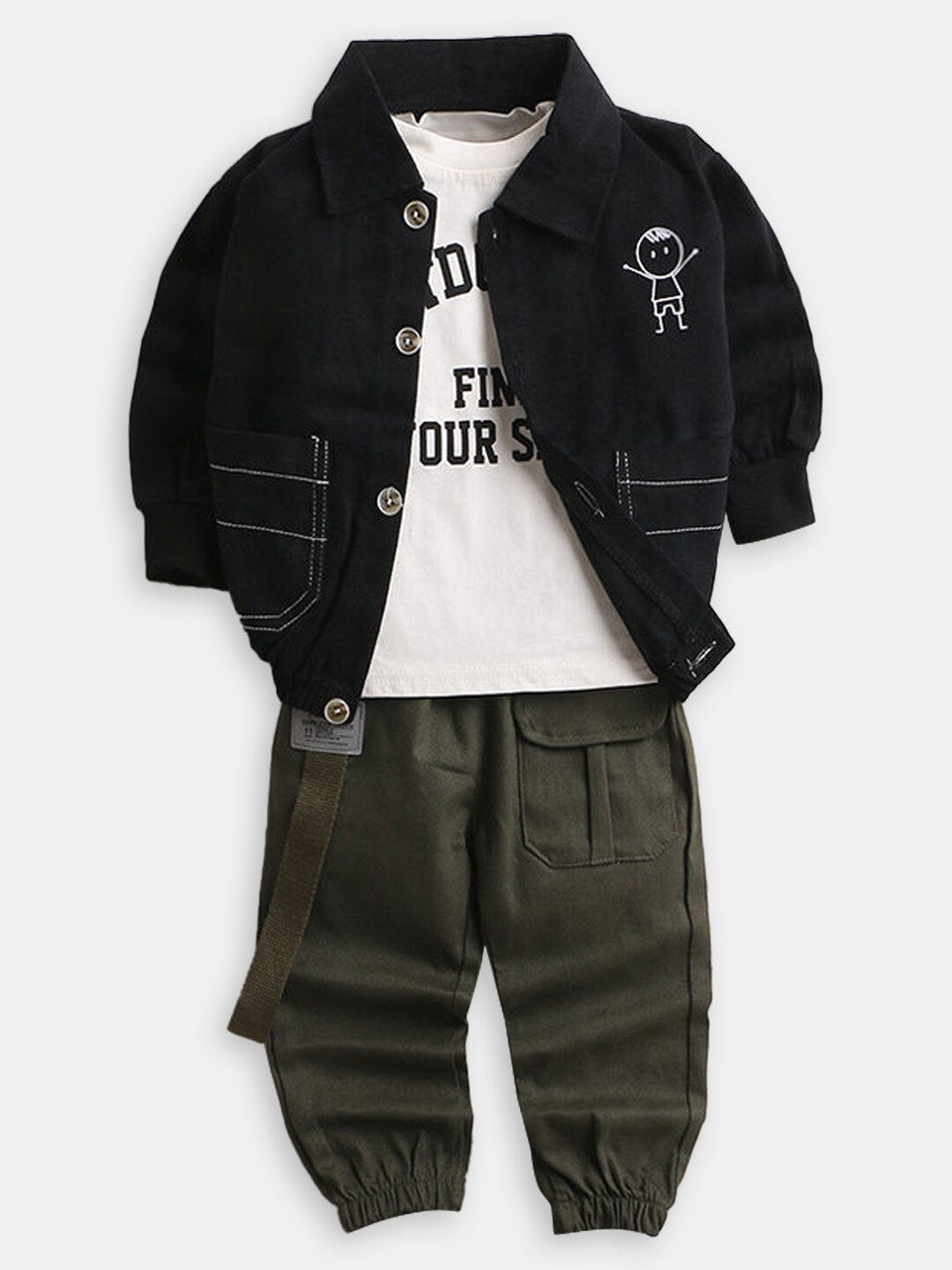 

Hopscotch Boys Printed Pure Cotton T-shirt and Shirt with Trousers, Black