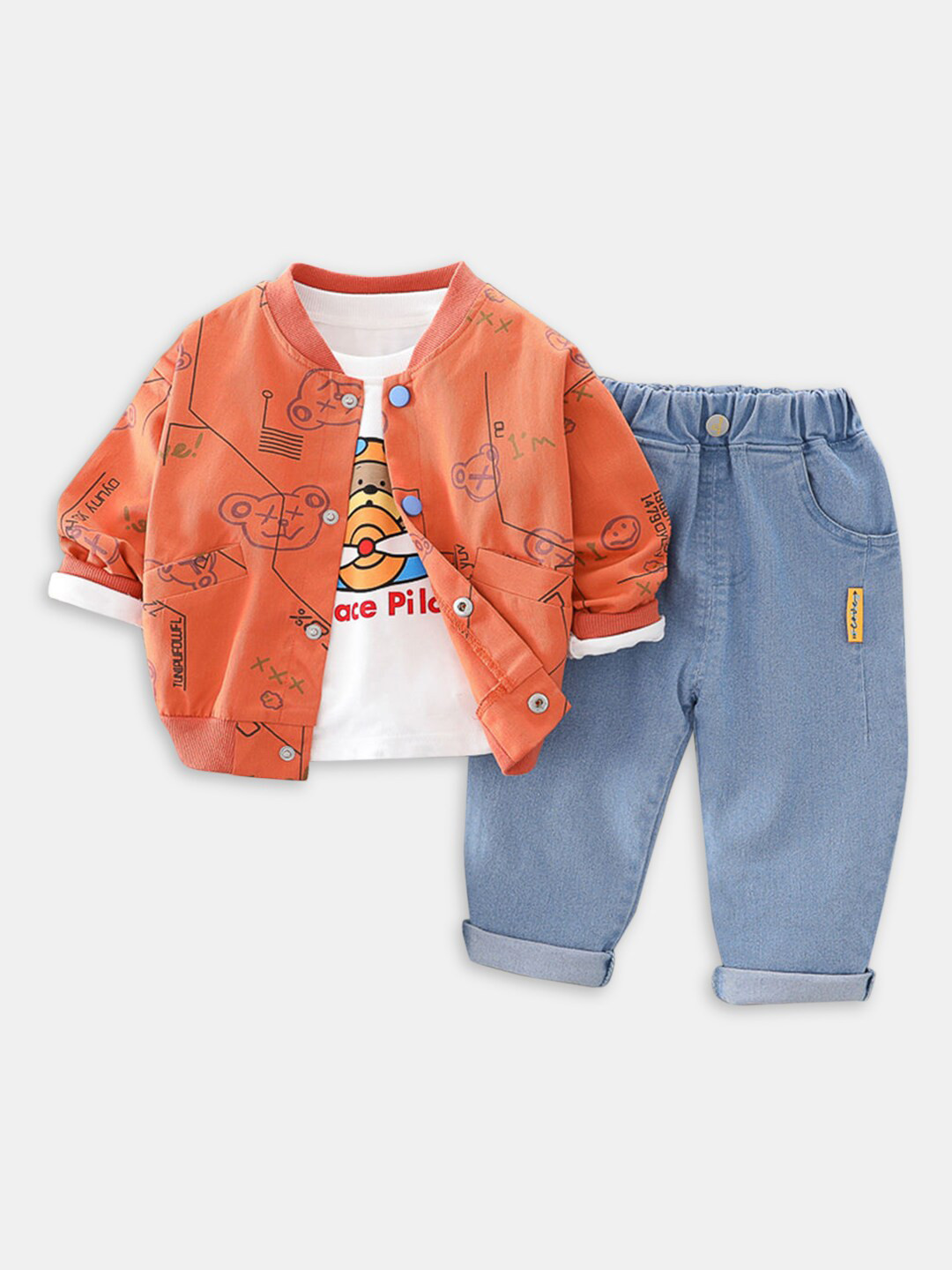 

Hopscotch Boys Printed Pure Cotton T-Shirt & Trousers With Jacket, Orange