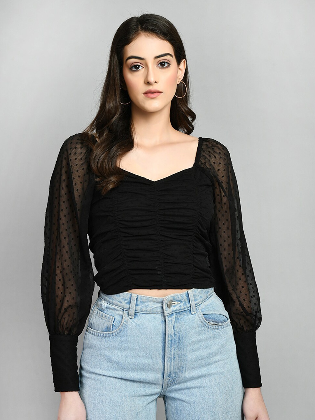 

PRETTY LOVING THING Sweetheart Neck Chiffon Crop Top, Black