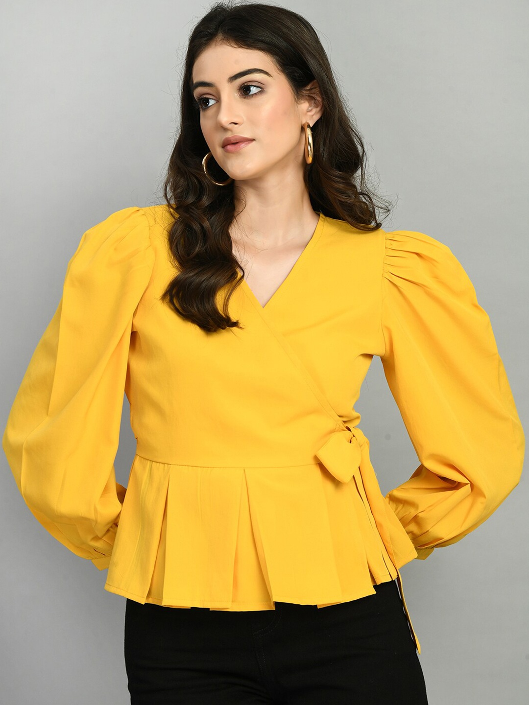 

PRETTY LOVING THING Bishop Sleeves Wrap Top, Yellow
