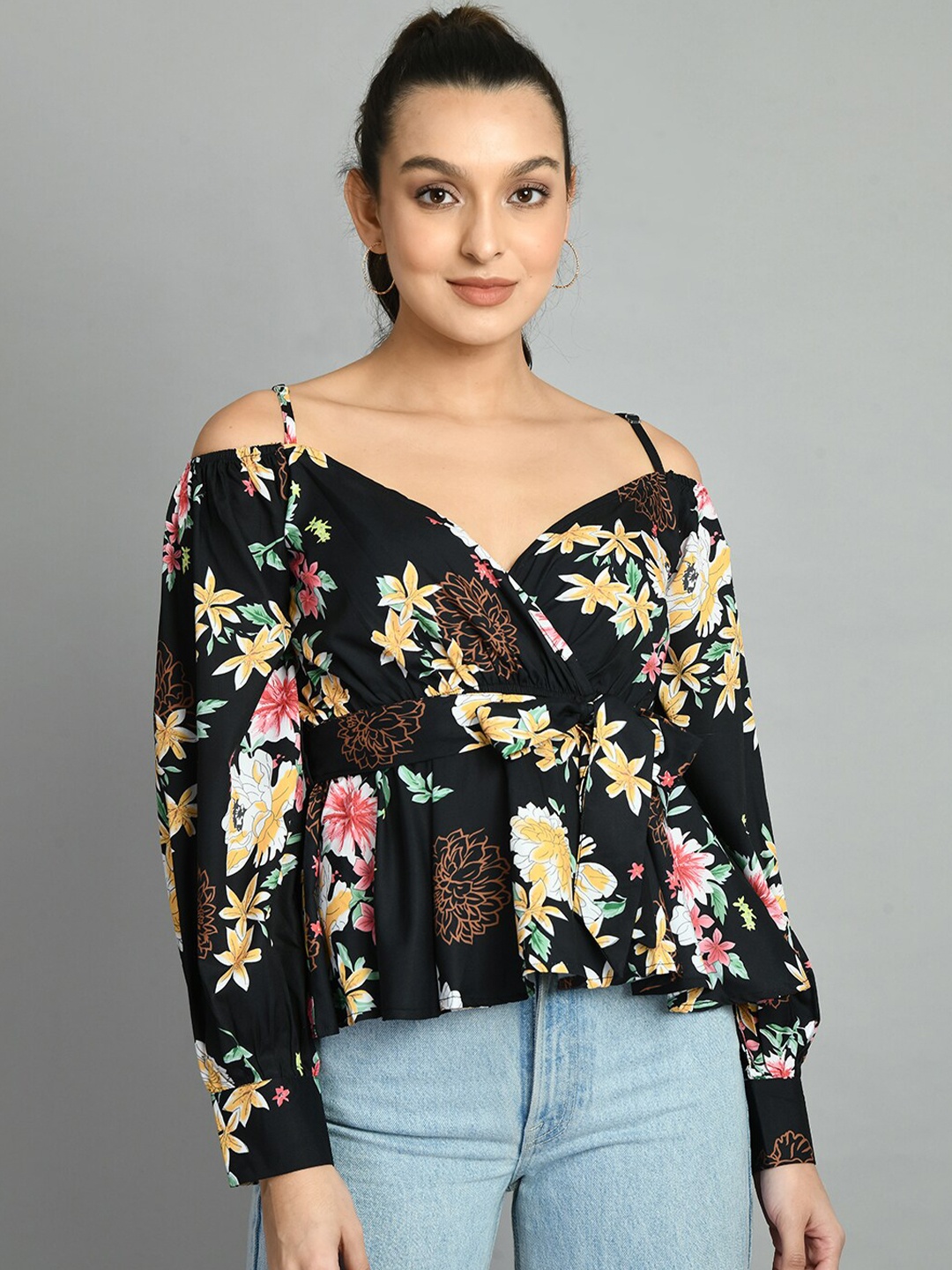 

PRETTY LOVING THING Floral Print Wrap Top, Black
