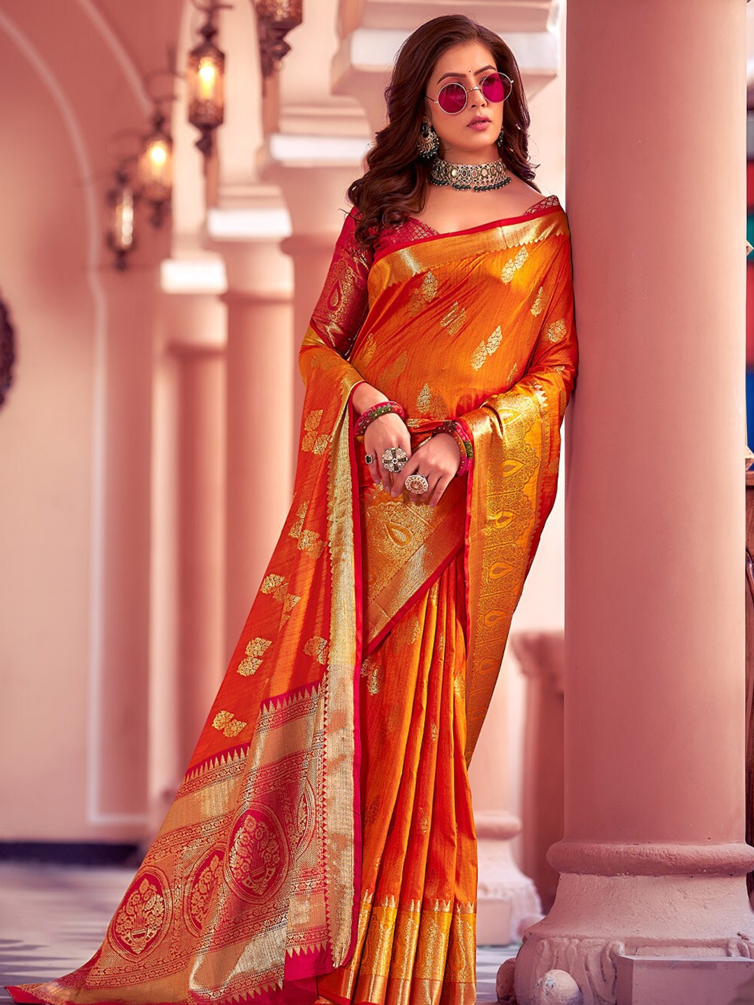 

SANGAM PRINTS Woven Design Zari Pure Silk Banarasi Saree, Orange