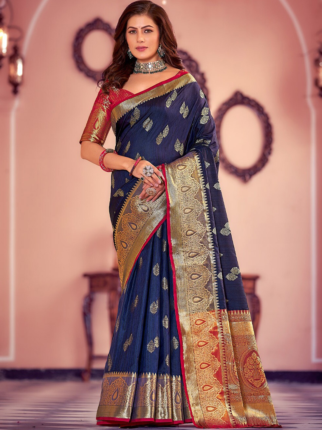 

SANGAM PRINTS Ethnic Motifs Zari Pure Silk Banarasi Saree, Navy blue