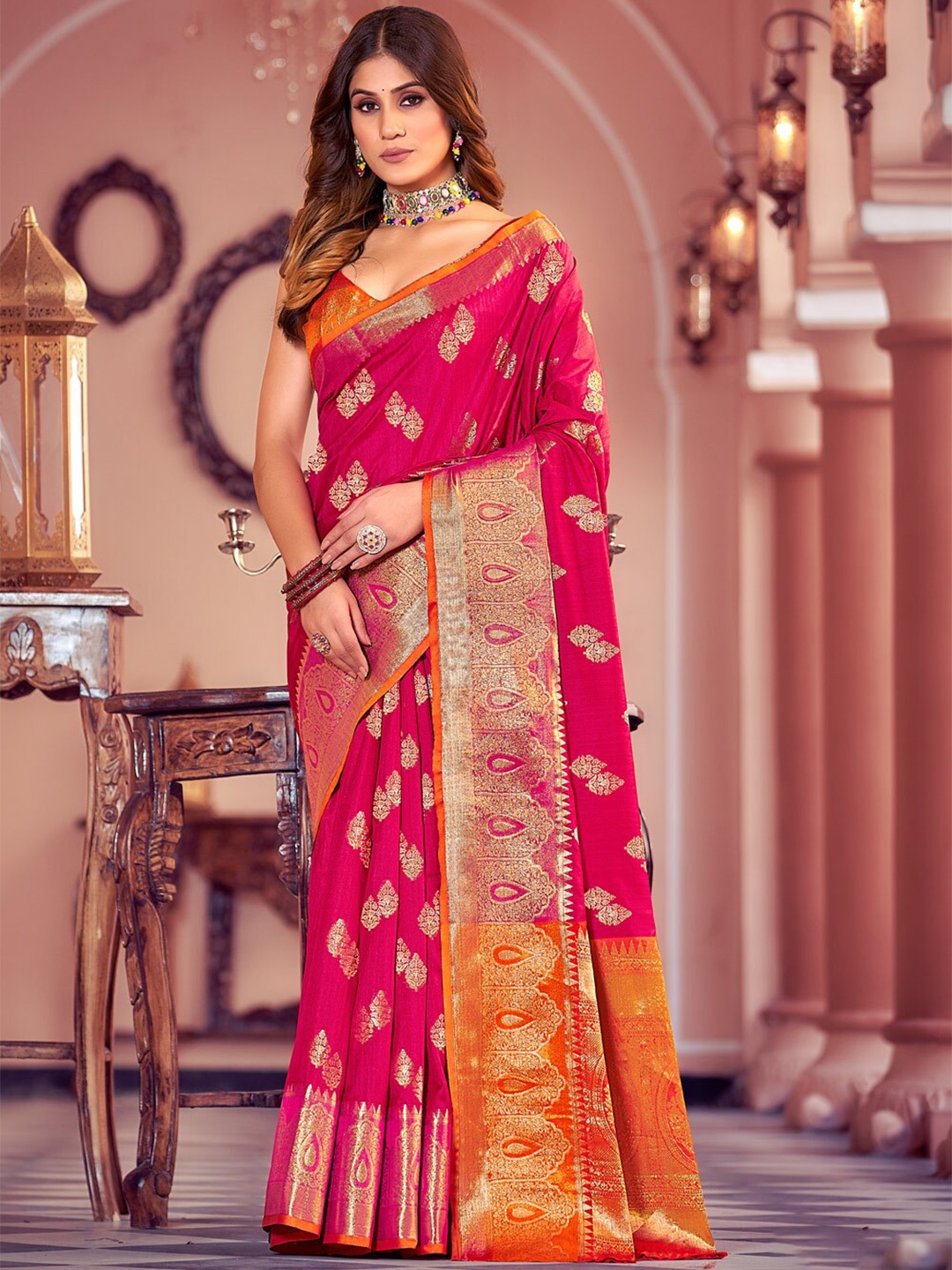 

SANGAM PRINTS Woven Design Zari Pure Silk Banarasi Saree, Pink