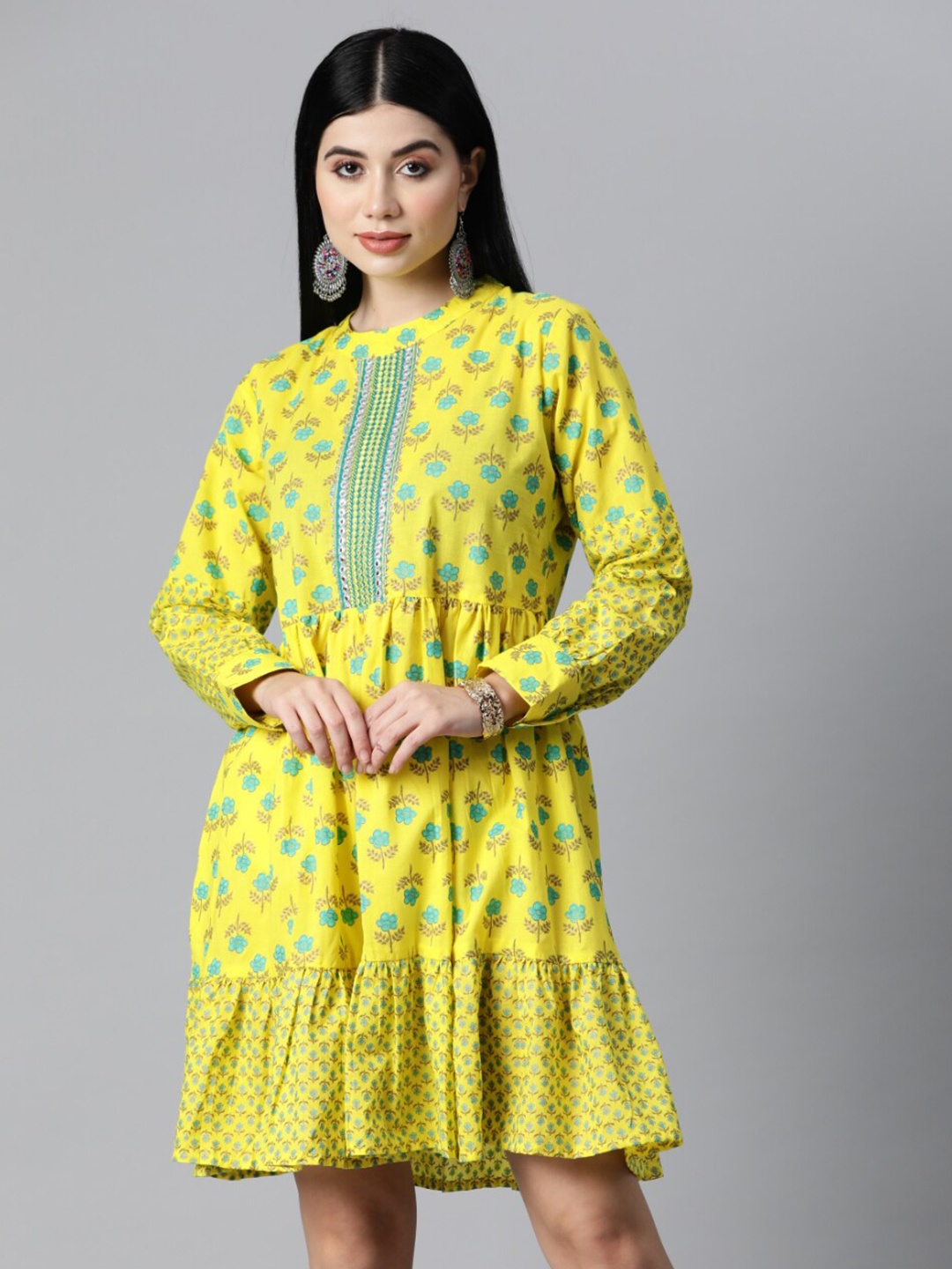 

KALINI Cotton Floral Printed Dress, Yellow