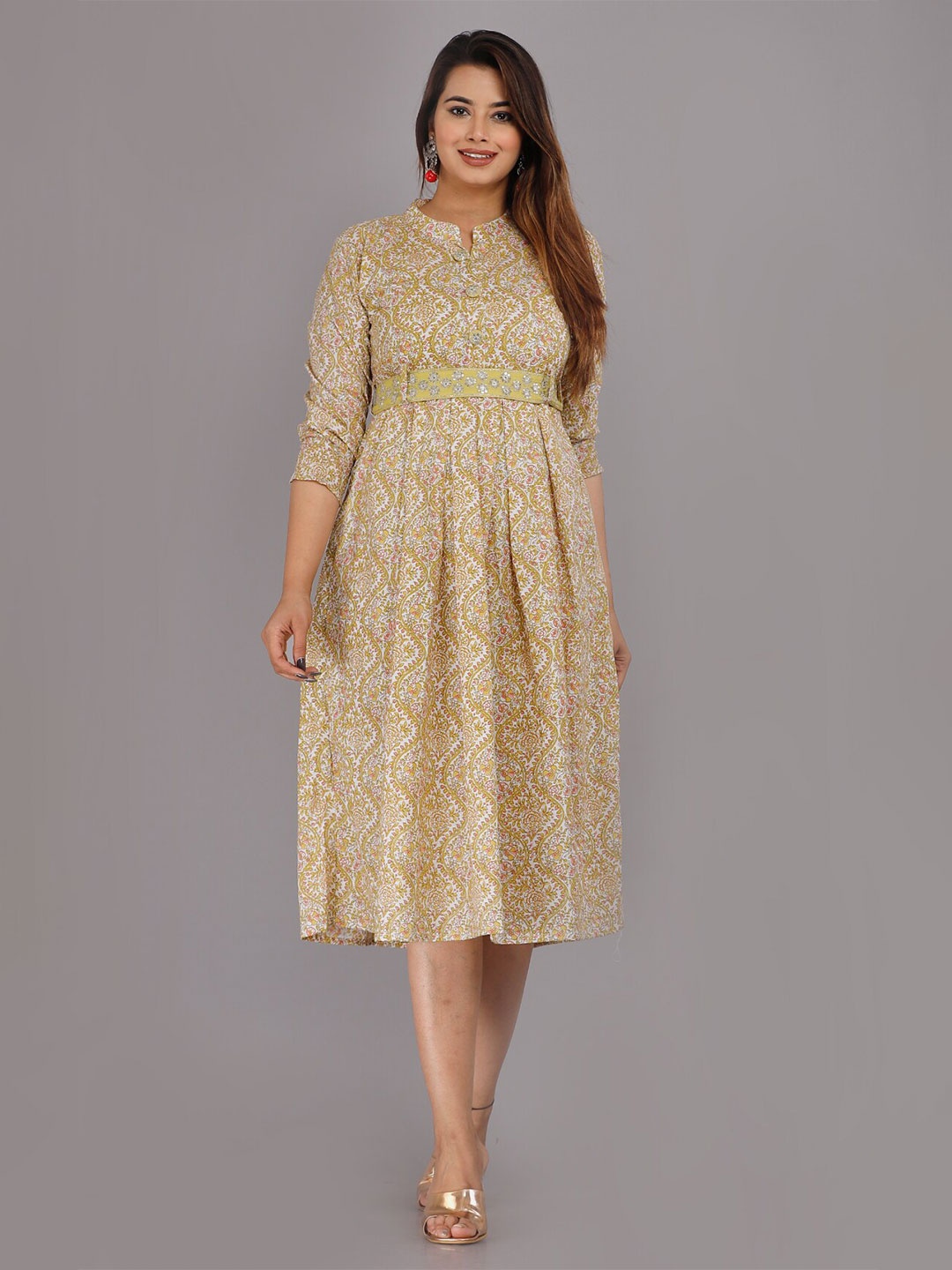 

KALINI Cotton Ethnic Motifs Empire Midi Dress, Yellow